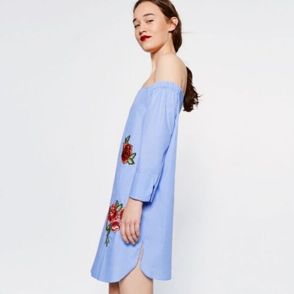 ZARA Dress Embroidered Off Shoulder Poplin Mini Dress • BLOGGER FAVORITE • - Picture 9 of 12